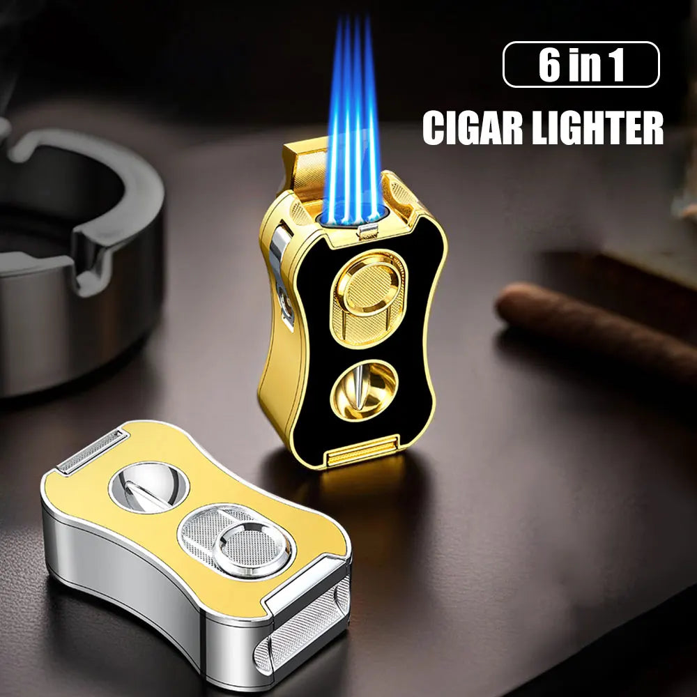 6-in-1 Multifunctional Cigar Lighter Strong Four Blue Flame Multiple Cigar Cutter Alloy Body