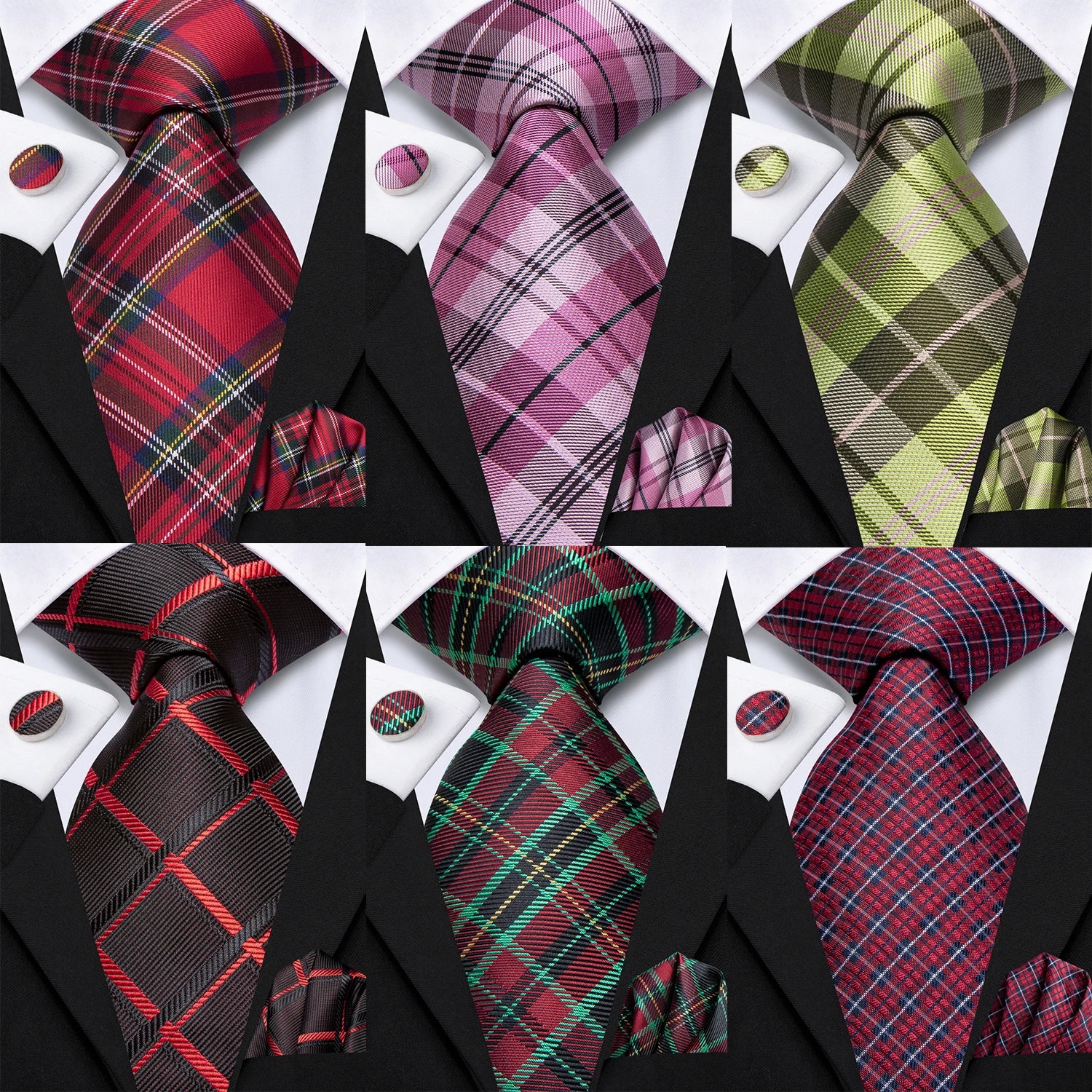 Hi-Tie Rose Pink Checks Plaids Mens Fashion Necktie Handkerchief Cufflinks for Tuxedo Accessory Classic Luxury Tie Man Gift