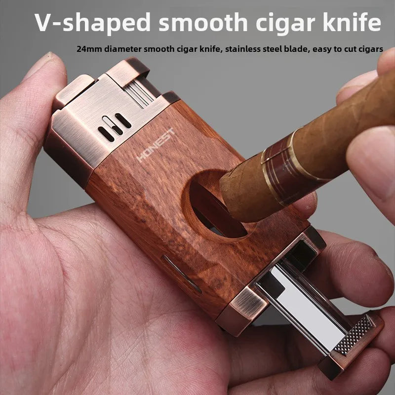 HONEST  Windproof Double Jet Flame Butane Cigar Lighter with Cutter, Refillable Durable Torch for Outdoor Cigars & Pipe Lighting