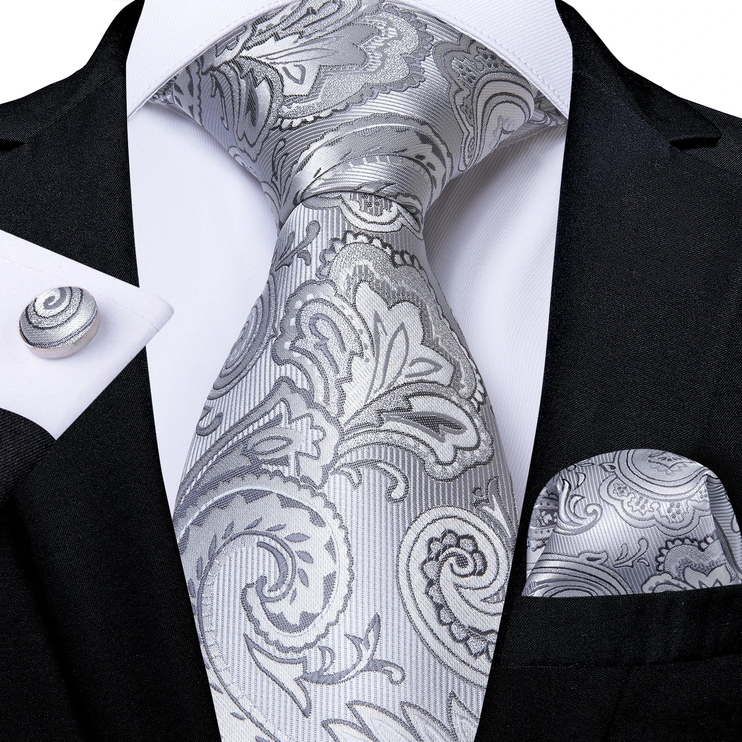 Grey And Gold Color Paisley 8cm Necktie Handkerchief Cufflinks Black Pink Grey Floral Wedding Party Silk Ties for Men Gift