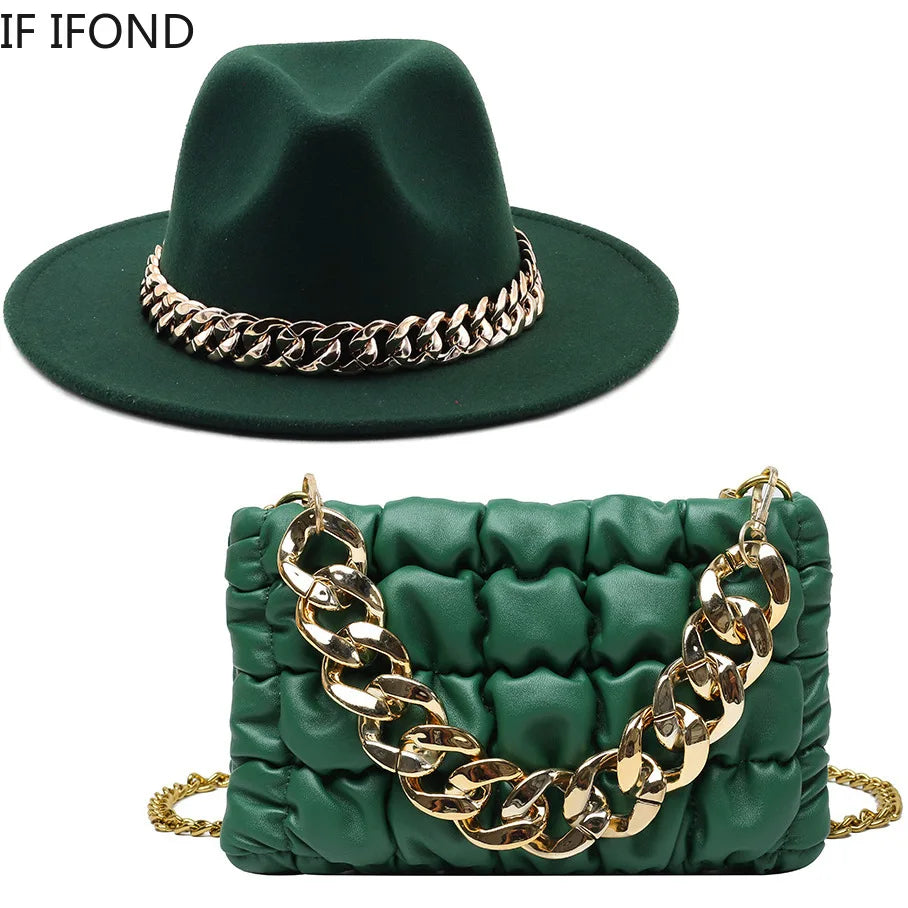 Party Jazz Fedora  With Luxury Oversized Chain Accessory Bag Two-piece Set