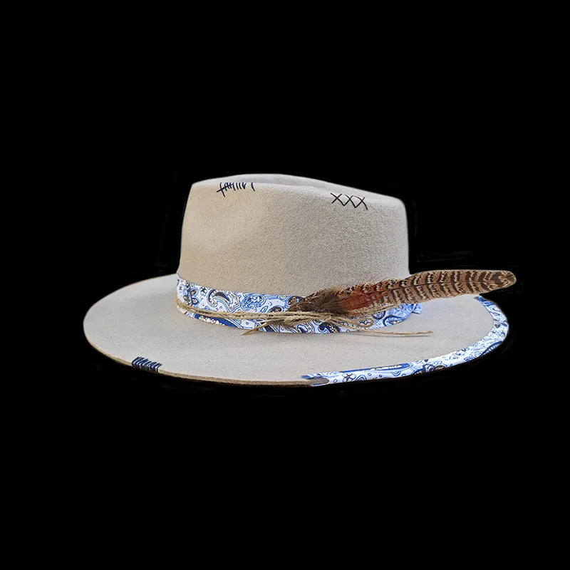 The Billy Jean - Fashionable pure wool top hat with woven ribbon and feather decoration,