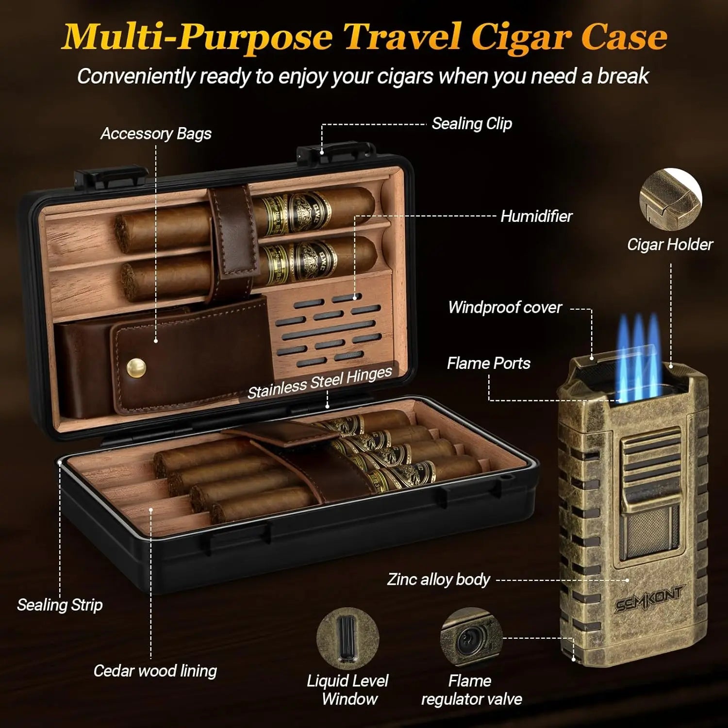 Travel Cigar Humidor Cedar Wood Lined,Waterproof Anti Pressure Sealed Cigar Storage Case,With Humidifier and Cigar Lighter Set