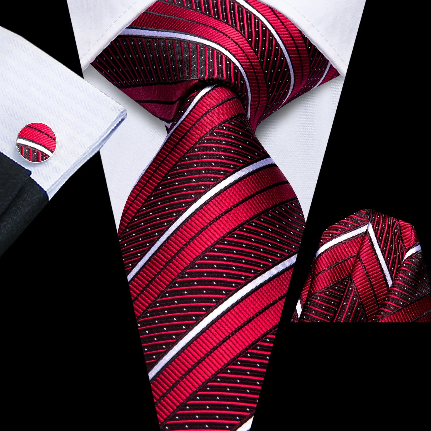 Hi-Tie Striped Burgundy Blue Black Men Elegant Necktie Handkerchief Cufflinks 3PCS Set Fashion Classic Silk Luxury Tie for Man