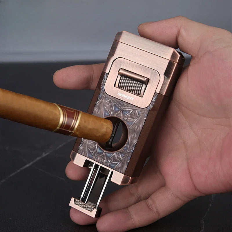 2025 New Deluxe Cigar Lighter with V Shape Knife Cigar Holder Dual Nozzle Flame Butane Refillable Torch Lighter Smoker Gift