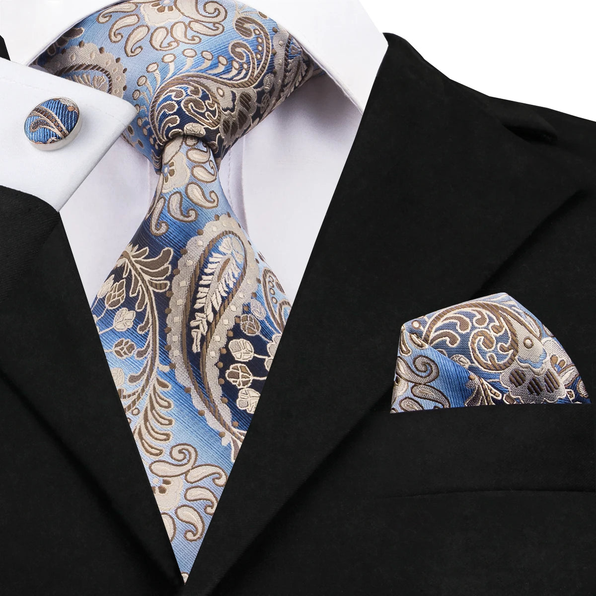 Blue Champagne Paisley Design Silk Wedding Tie For Men Handky Cufflink Gift Mens Necktie Fashion Business Party Dropship Hi-Tie