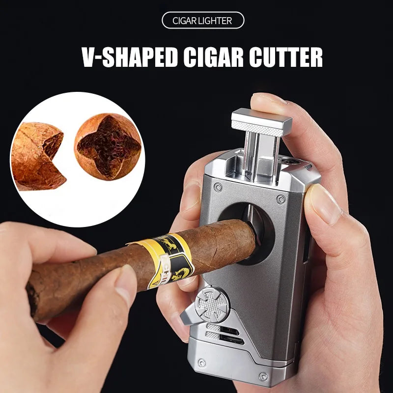 Four Blue Flame Rocker Cigar Lighter V-Cigar Cutter Cigar Rig Anti-Hot Fork Visual Gas Window Multi-Function Ignition