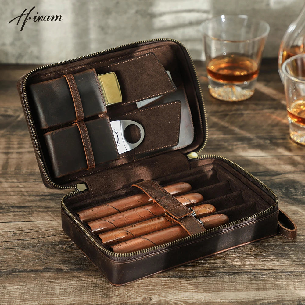 Crazy Horse Leather Cigar Travel Case With Lighter Cutter Holder