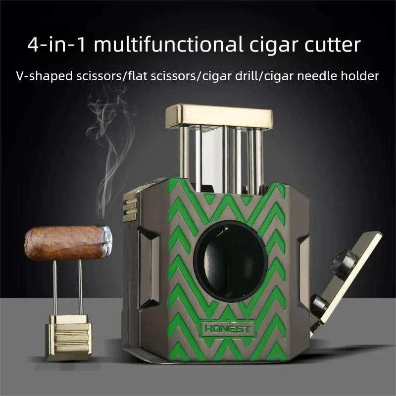 High-End Zinc Alloy Cigar Cutter 4-in-1 Multi-Function with Precise V/Straight Cutter & Hole Punch