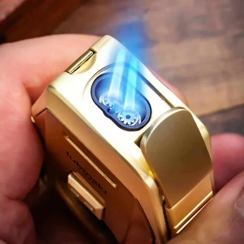 LUBINSKI Cigar Lighters Turbo Dual Flame Jet With Metal Hole Opener Cigar Cutter Holder Windproof Portable Lighter Men's Gift