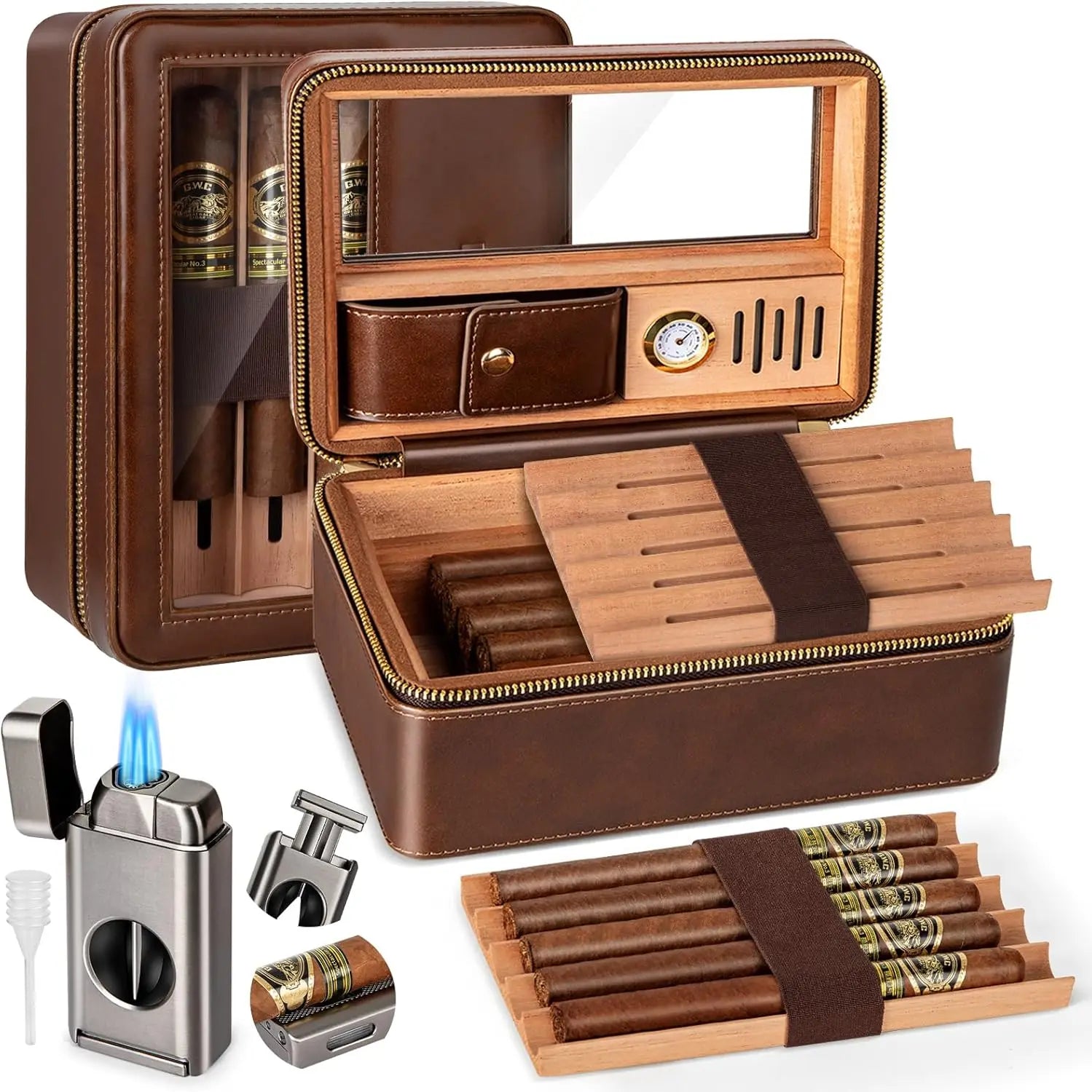Travel Cigar Humidor with Built-in Humidifier and Glass Top