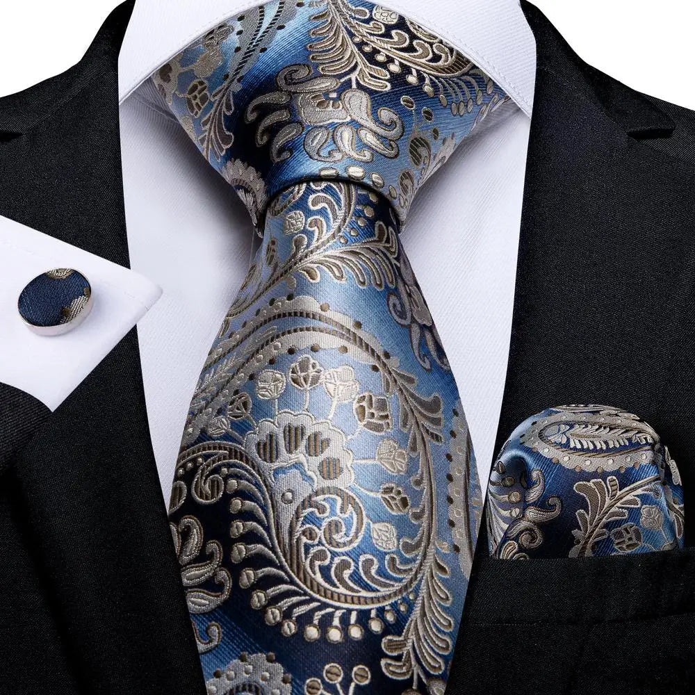 Blue Champagne Paisley Design Silk Wedding Tie For Men Handky Cufflink Gift Mens Necktie Fashion Business Party Dropship Hi-Tie