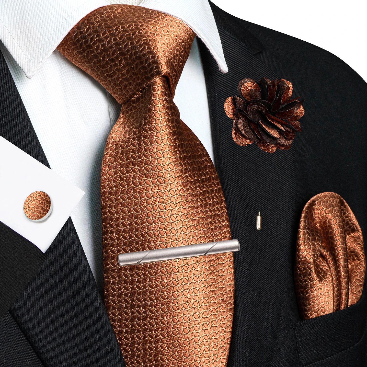 Brown Yellow Plaid Ties For Men Luxury 8cm Silk Tie Pin Pocket Square Cufflinks Tie Clip Set Business Party Wedding Accessories
